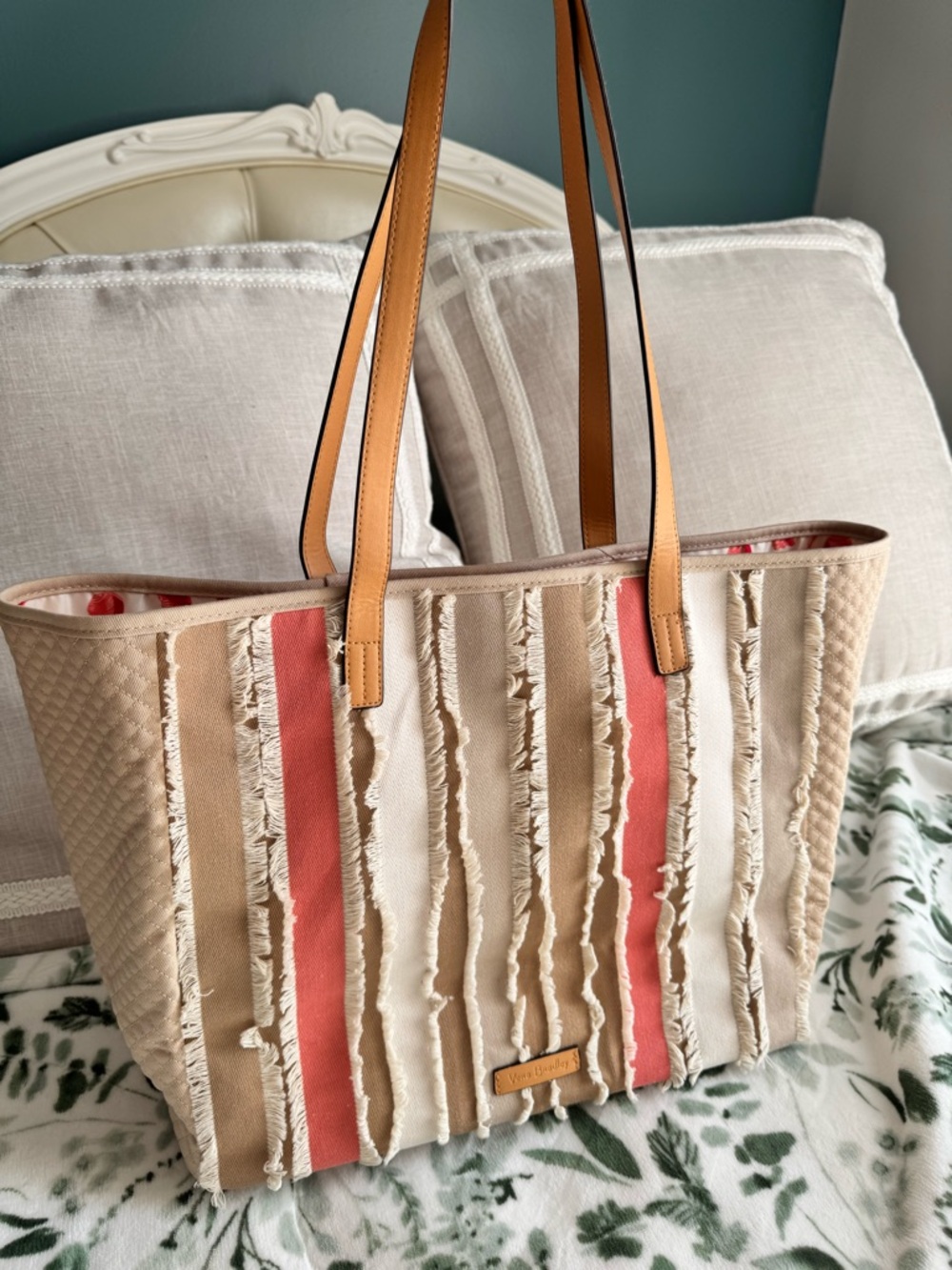 Vera Bradley Fringed Beige and Coral Stripe Tote Bag with Tan Handles